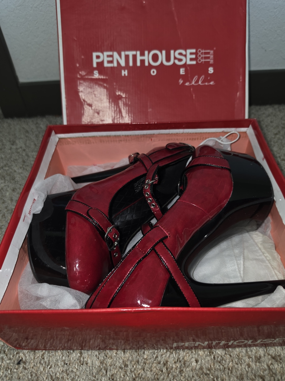 Penthouse Shoes By Ellie - Red Patent Leather Look With Buckle Details
